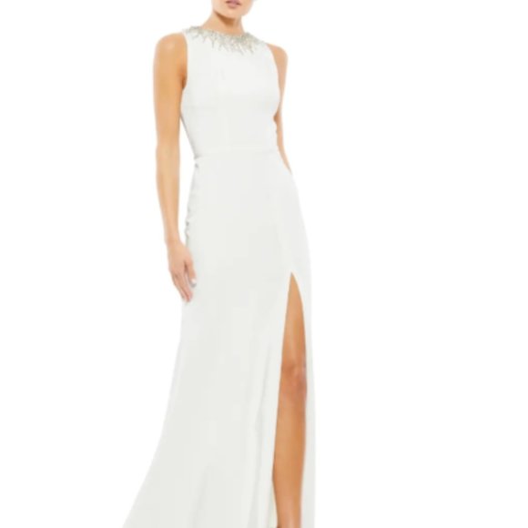 MAC DUGGAL BEADED CRYSTAL COLLAR WHITE THIGH SLIT COLUMN GOWN sz 14 - Picture 2 of 4